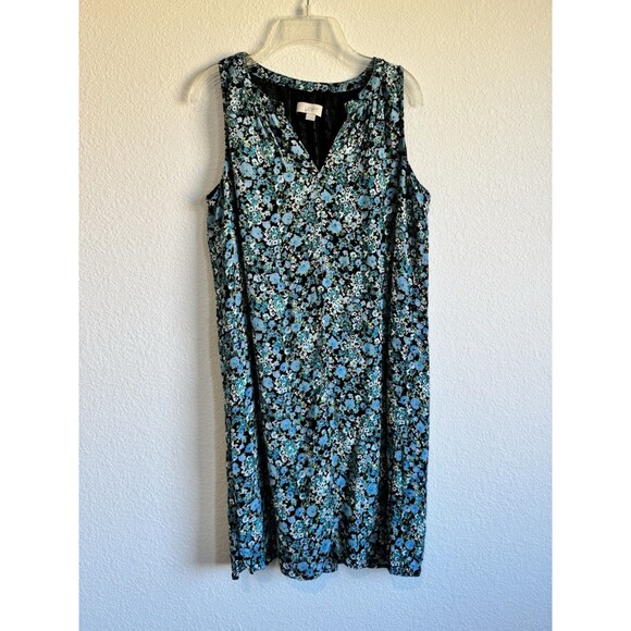 Loft Women's Blue Green Floral Sleeveless V Neck Shift Dress Lined Small - Picture 1 of 10